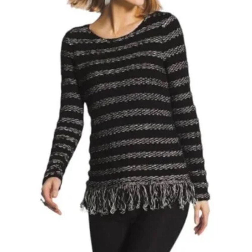 Chico's Striped Fringe Hem Sweater Textured Knit Pullover‎ Top Size Medium